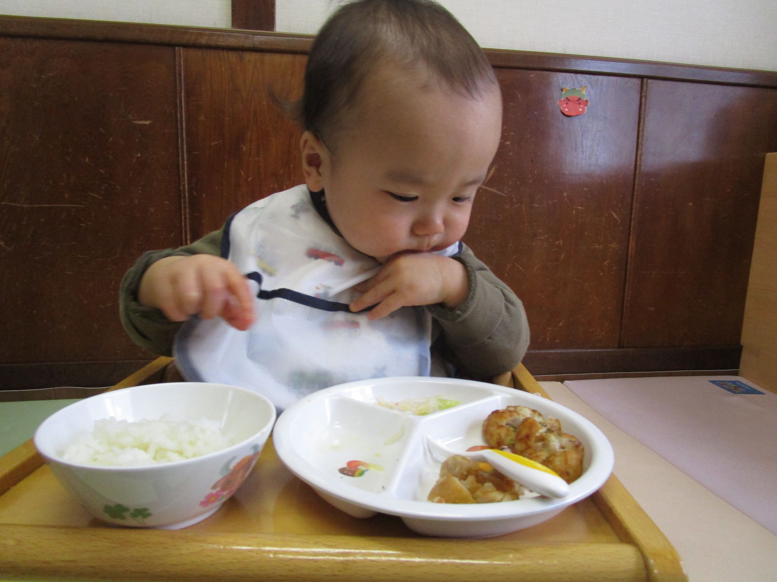 おかずを眺める男の子